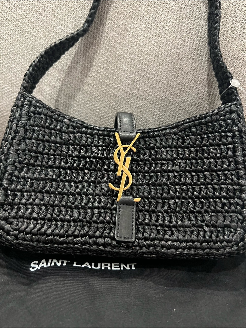 NEW SAINT LAURENT Women's Le 5 À 7 Leather - Black Trimmed Raffia Mini Hobo Bag - Picture 6 of 14